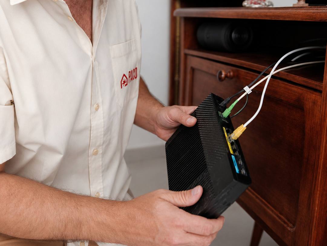 Un helpeur PACO installe et configure une box internet au domicile d'un client