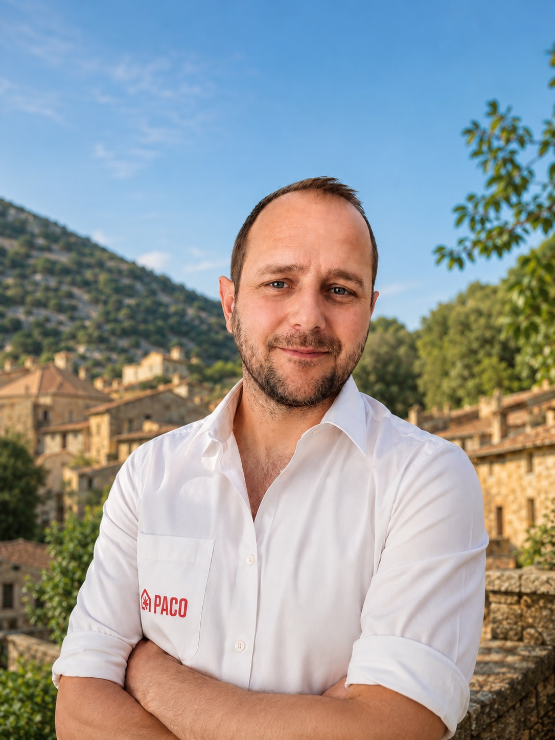 Guilhem, fondateur de PACO Service, devant un village au pied du Pic Saint-Loup